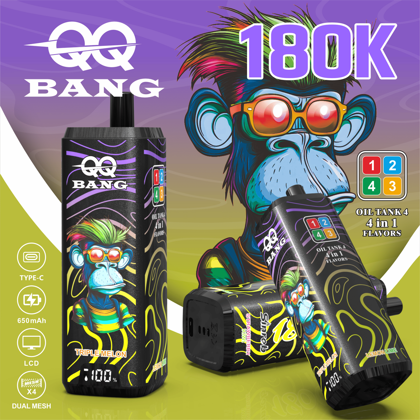 QQ Bang 180000 180K Puffs 4 In 1 Flavors LCD Display Rechargeable Disposable Vape