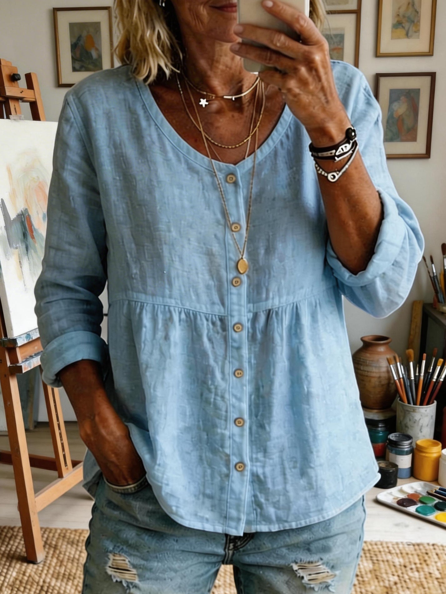 Women's Casual Long-sleeved Cotton Linen Shirt