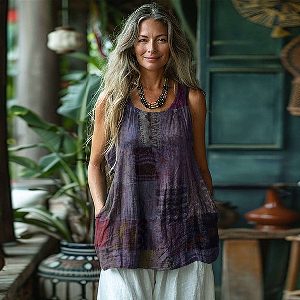 Women's Loose Patchwork Linen Sleeveless Tank Top