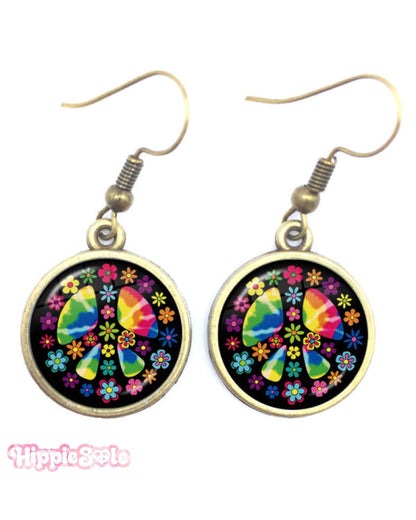 Hippie Peace Flowers Rainbow Earrings