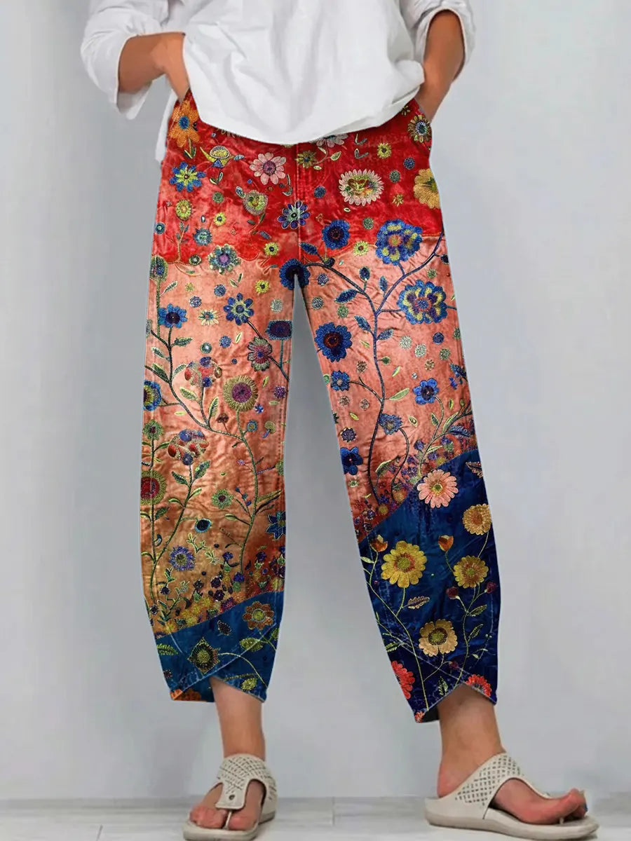 Women's Vintage Floral Art Print Jeans-1