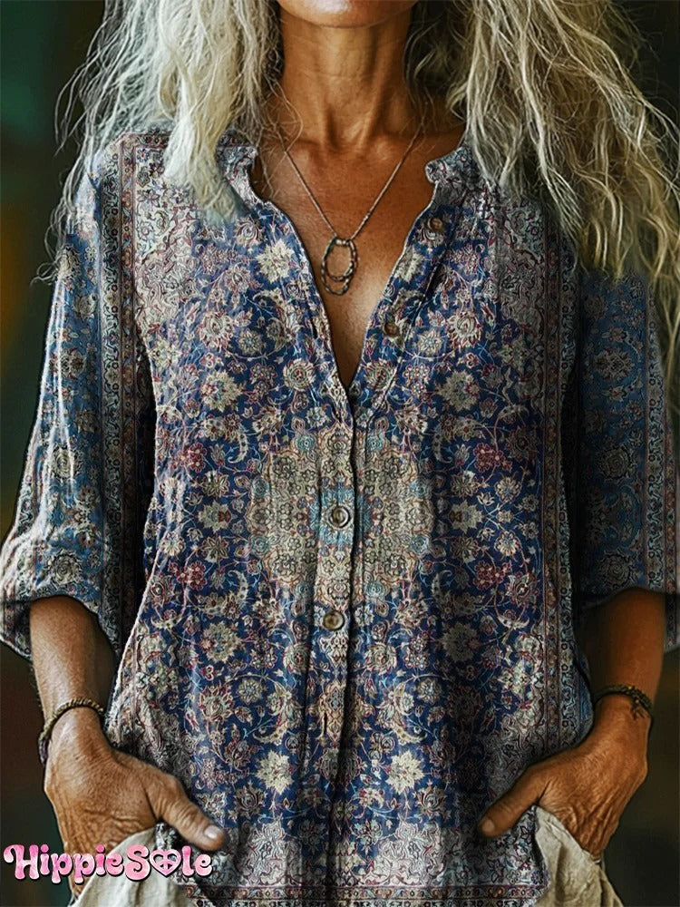 Women's Vintage Ethnic Floral Art Print Casual V-neck Long Sleeve T-shirt