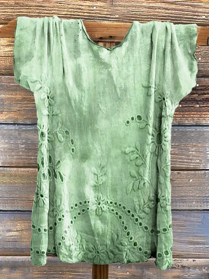 Women's Vintage Floral Texture Patterns Print V-neck Casual T-Shirt