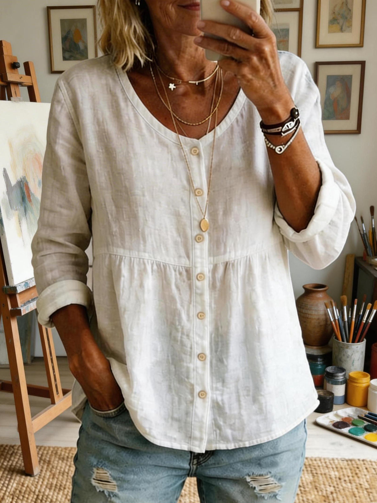 Women's Casual Long-sleeved Cotton Linen Shirt