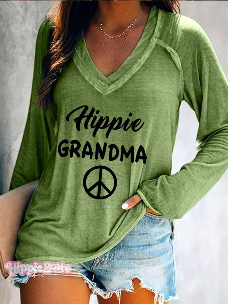 Women's Hippie Grandma Peace And Love Casual Long Sleeve V-Neck T-Shirt