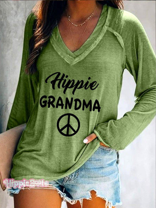 Women's Hippie Grandma Peace And Love Casual Long Sleeve V-Neck T-Shirt