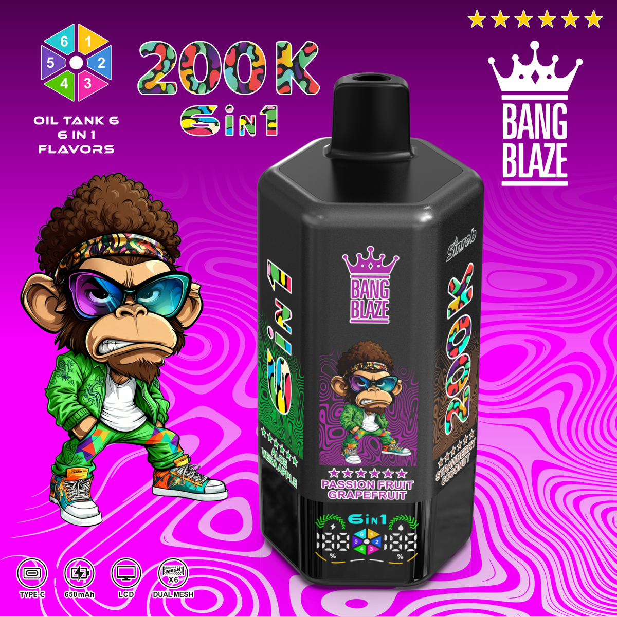 Bang Blaze 200000 200K Puffs 6 in 1 Flavors &  6 oil tanks Rechargeable LCD Display Disposable Vape