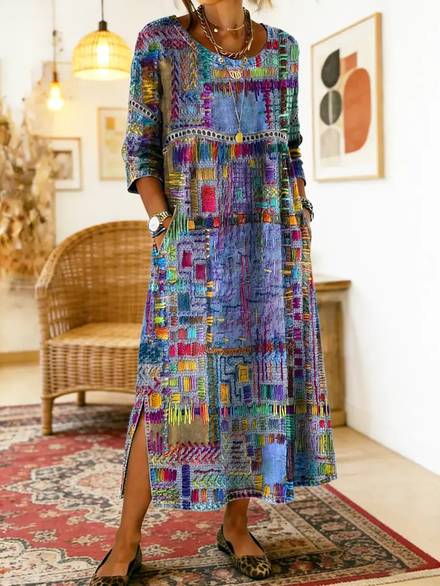Women's Ethnic Patchwork Printed Cotton Denim Dress with Lace Trim