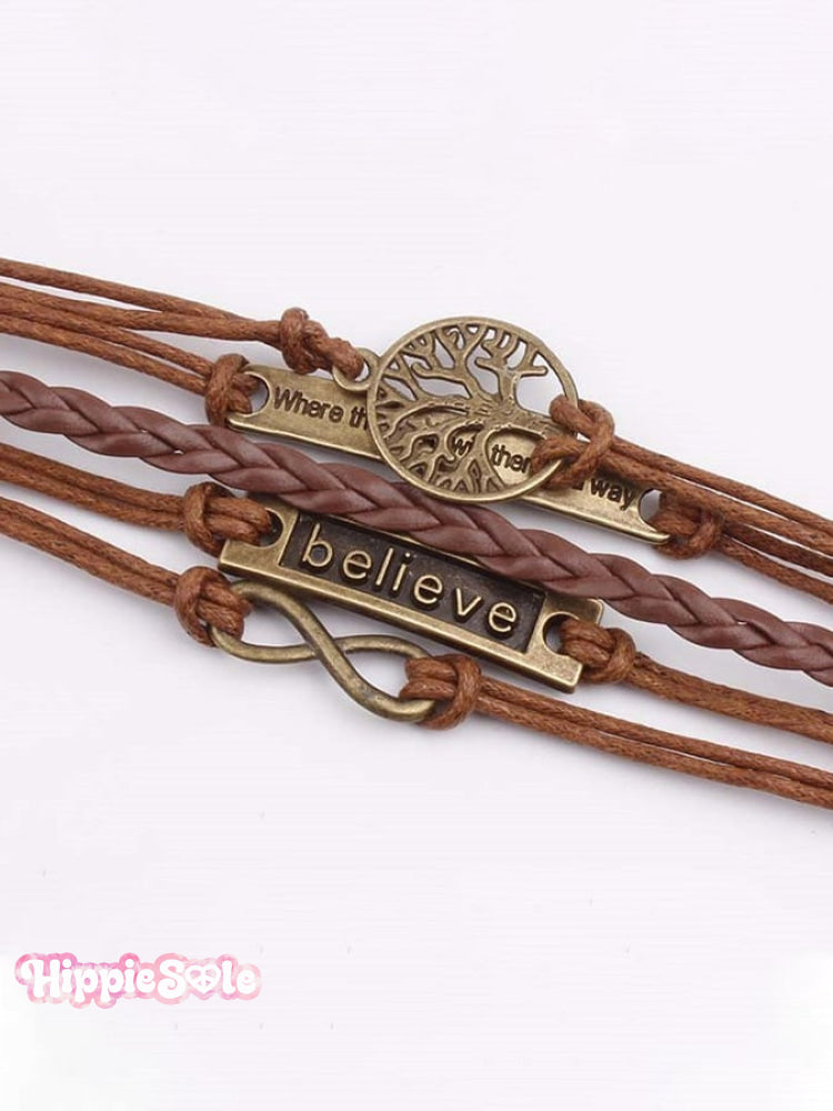 Life Tree Believe Vintage Leather Rope Bracelet