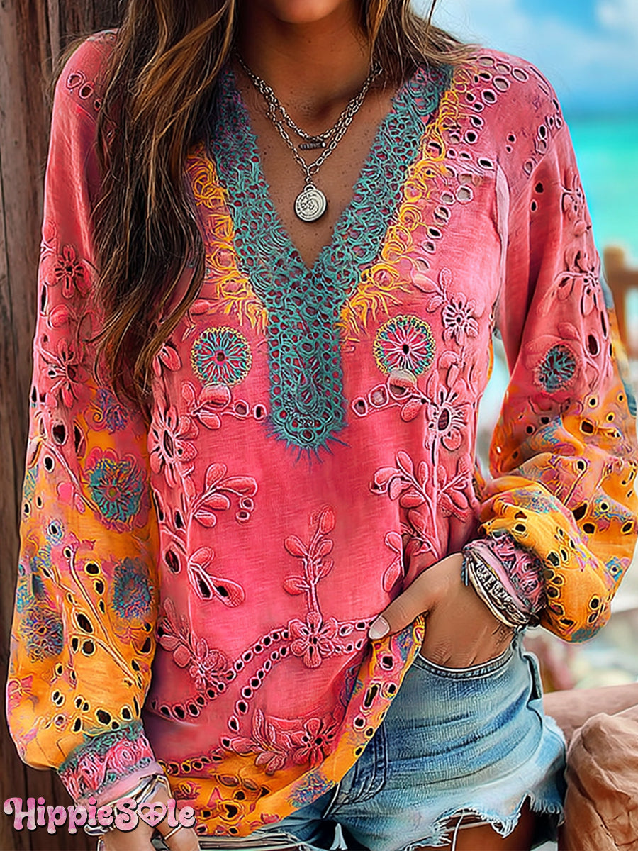 Women's Floral Art Print Casual V-neck Long Sleeve T-shirt