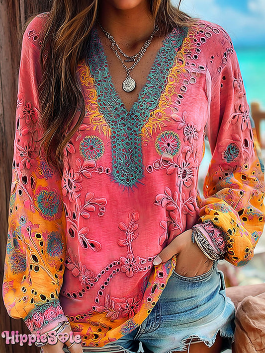 Women's Floral Art Print Casual V-neck Long Sleeve T-shirt