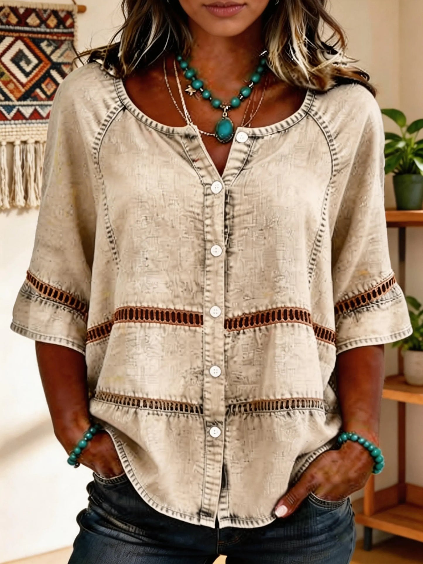 Women's Openwork Button Short-sleeve Shirt