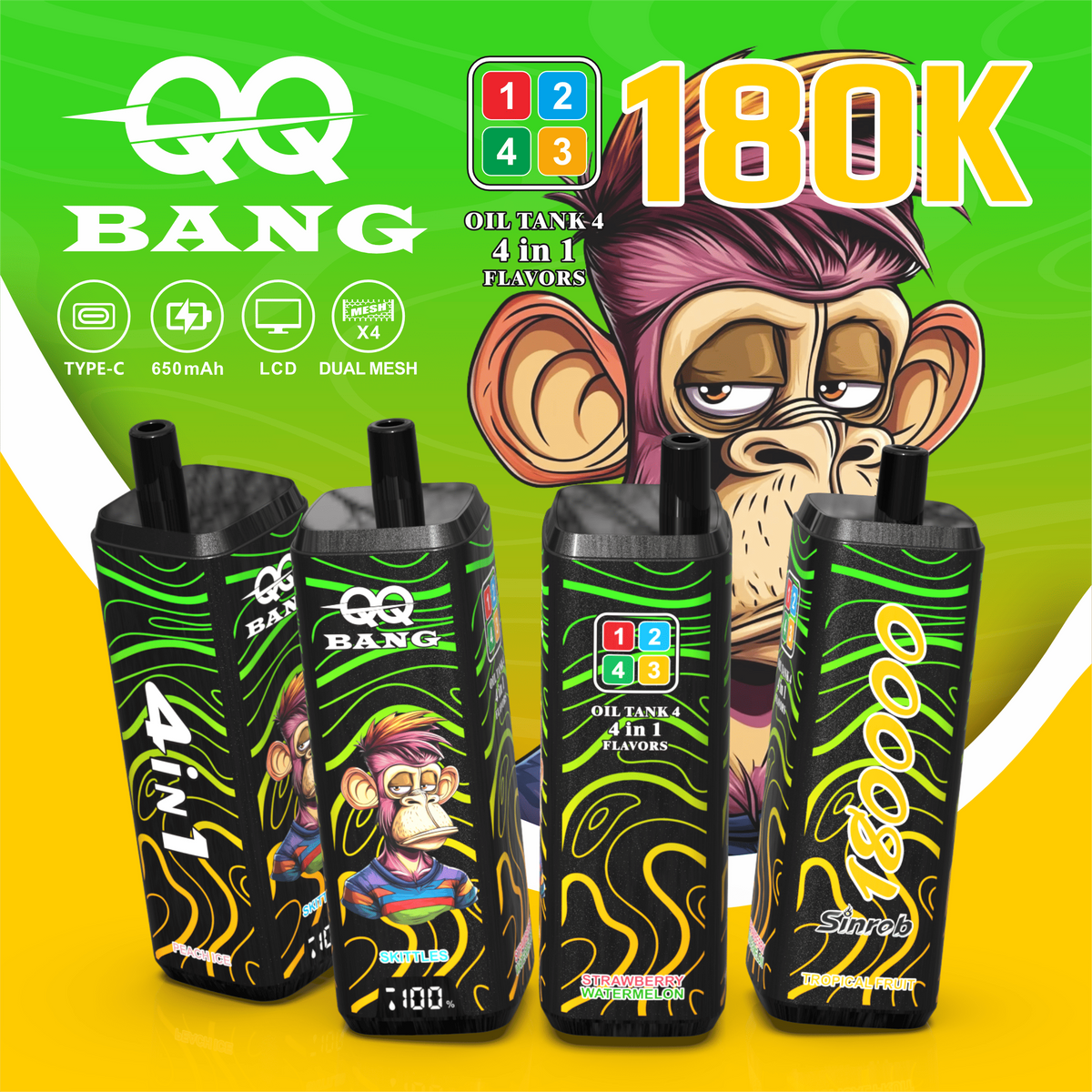 QQ Bang 180000 180K Puffs 4 In 1 Flavors LCD Display Rechargeable Disposable Vape