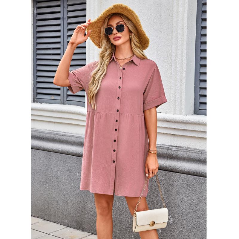 💃2026 Summer Hot Sale 70% OFF✨Women's Short Sleeve Button Down Textured Babydoll Dress Dress with Pockets