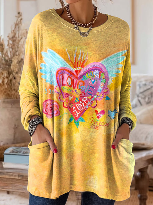 Women's Heart-Shaped Art Print Casual Long-Sleeve Crew Neck Cotton T-Shirt