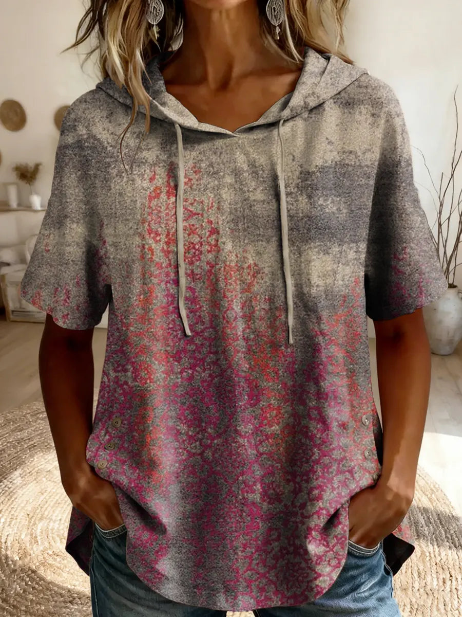 Women's Ethnic Art Print Short-Sleeve Hooded Cotton T-Shirt