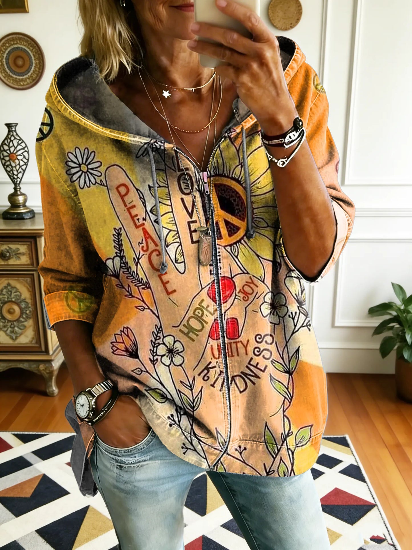 Women's Hippie Peace Floral Art Print Zipper Denim Hoodie