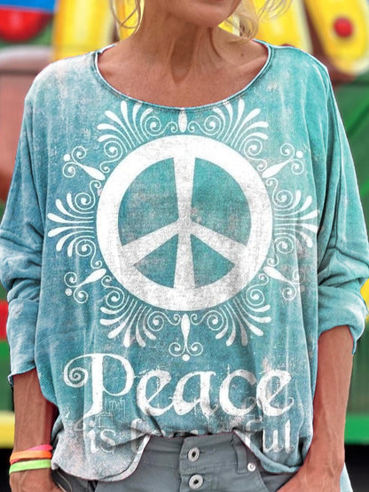Women's Hippie Peace Is Beautiful Print Short Sleeve Pocket Cotton Linen Dress