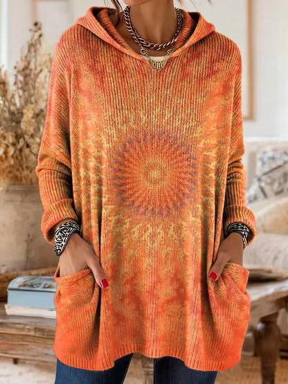Women's Tie-Dye Mandala Pattern Art Print Casual Knit Hoodie with Pockets