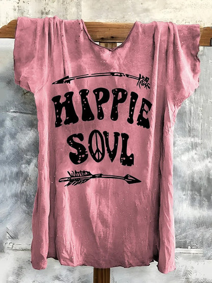 Letter Short Sleeve Crew Neck Boho Dress