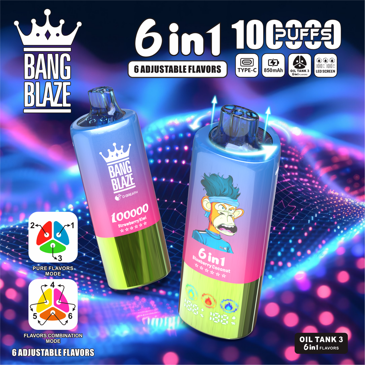 Bang Blaze 100000 100K Puffs 6 in 1 Flavors Newest Original Rechargeable LED Display Disposable Vape