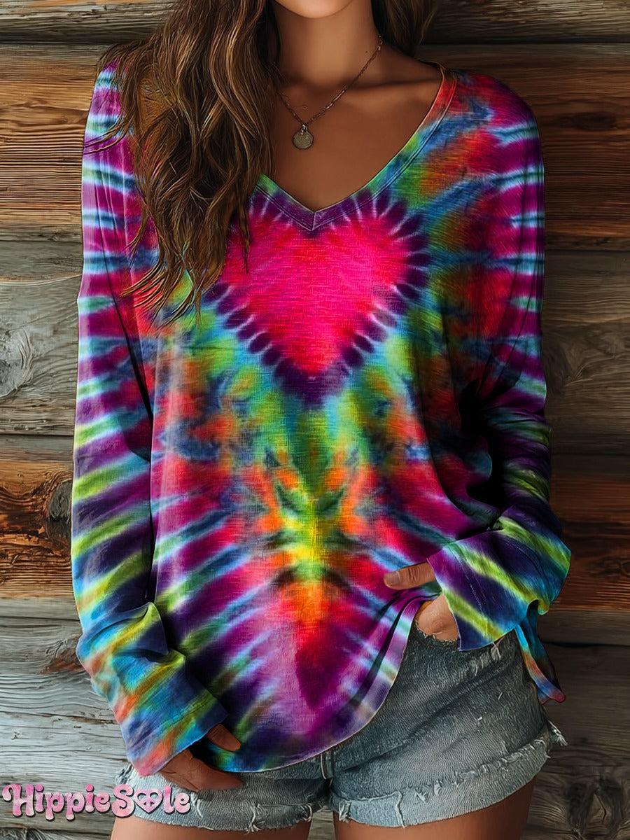 Women's Hippie Tie Dye Love Art Print Casual V-neck Long Sleeve T-shirt
