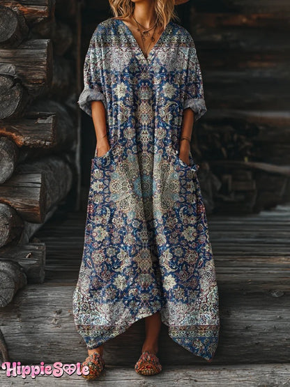 Women's Vintage Ethnic Floral Art Print Casual V-neck Long Sleeve T-shirt