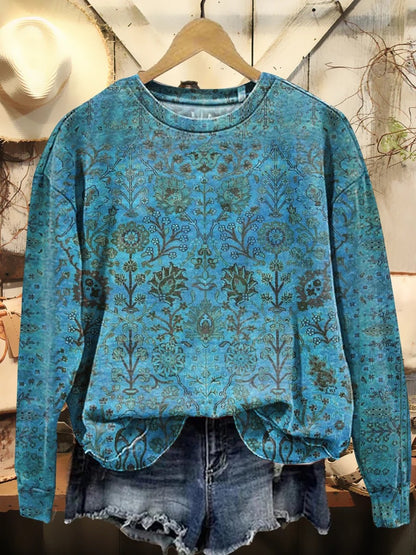 Women's Vintage Ethnic Blue Floral Totem Art Print Pocket Cotton V-Neck Long-Sleeve Dress