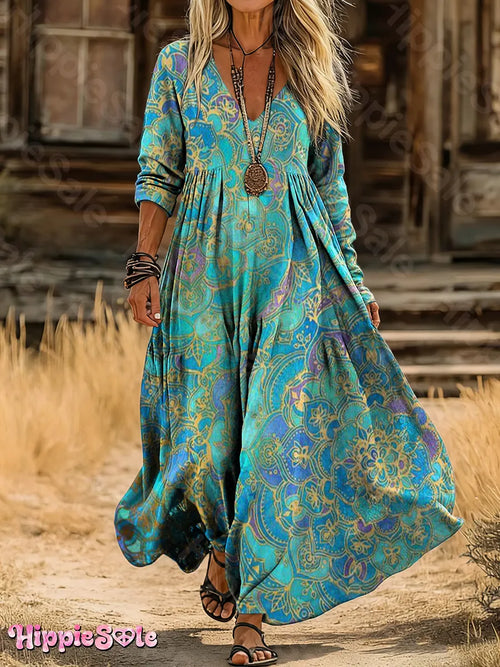 Women's Ethnic Mandala Art Pattern Print V-Neck Long Sleeve Cotton Pocket Dress