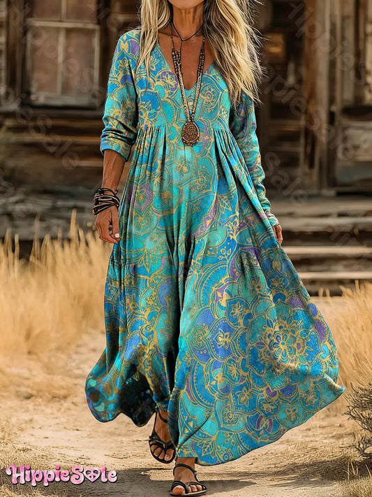 Women's Ethnic Mandala Art Pattern Print V-Neck Long Sleeve Cotton Pocket Dress