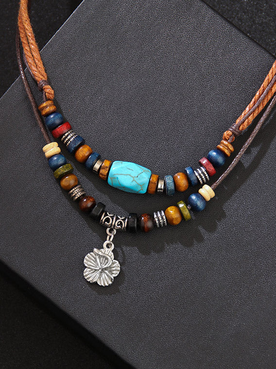 Wooden Bead Necklace Blue Turquoise Wax Rope Retro Necklace Metal Small Flower Fashion Simple Necklace