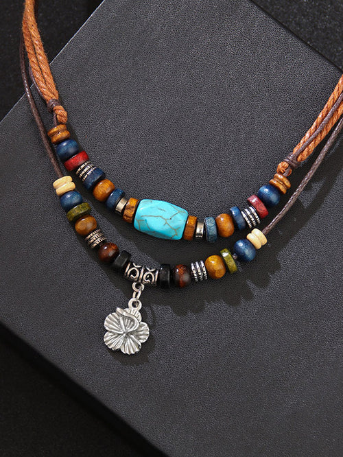 Wooden Bead Necklace Blue Turquoise Wax Rope Retro Necklace Metal Small Flower Fashion Simple Necklace