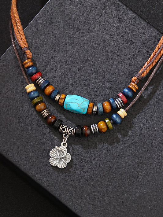 Wooden Bead Necklace Blue Turquoise Wax Rope Retro Necklace Metal Small Flower Fashion Simple Necklace