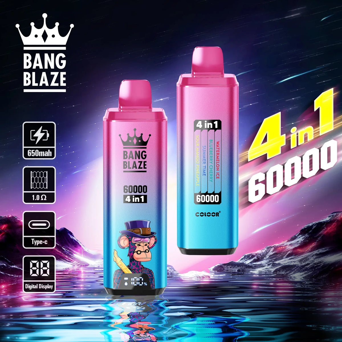 Bang Blaze 60000 – 4 flavors in a single device! 🔥 Fast shipping in 1–5 days. 🚚 Tax- and duty-free. 💨 Up to 60,000 puffs of pure flavor! Buy it now and save! ⚡