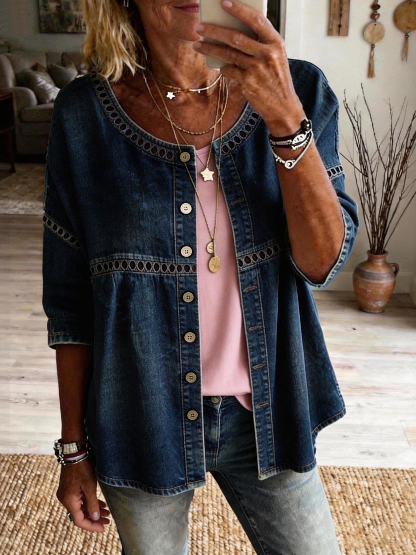 Women's Casual Round Neck Hollow-out Washed Cotton Denim Cardigan Shirt