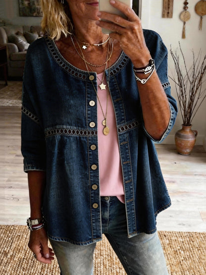 Women's Casual Round Neck Hollow-out Washed Cotton Denim Cardigan Shirt