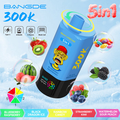 Bang DE 300K 300000 Vape 5-in-1 Flavors Rechargeable LED Display Disposable E-Cigarette