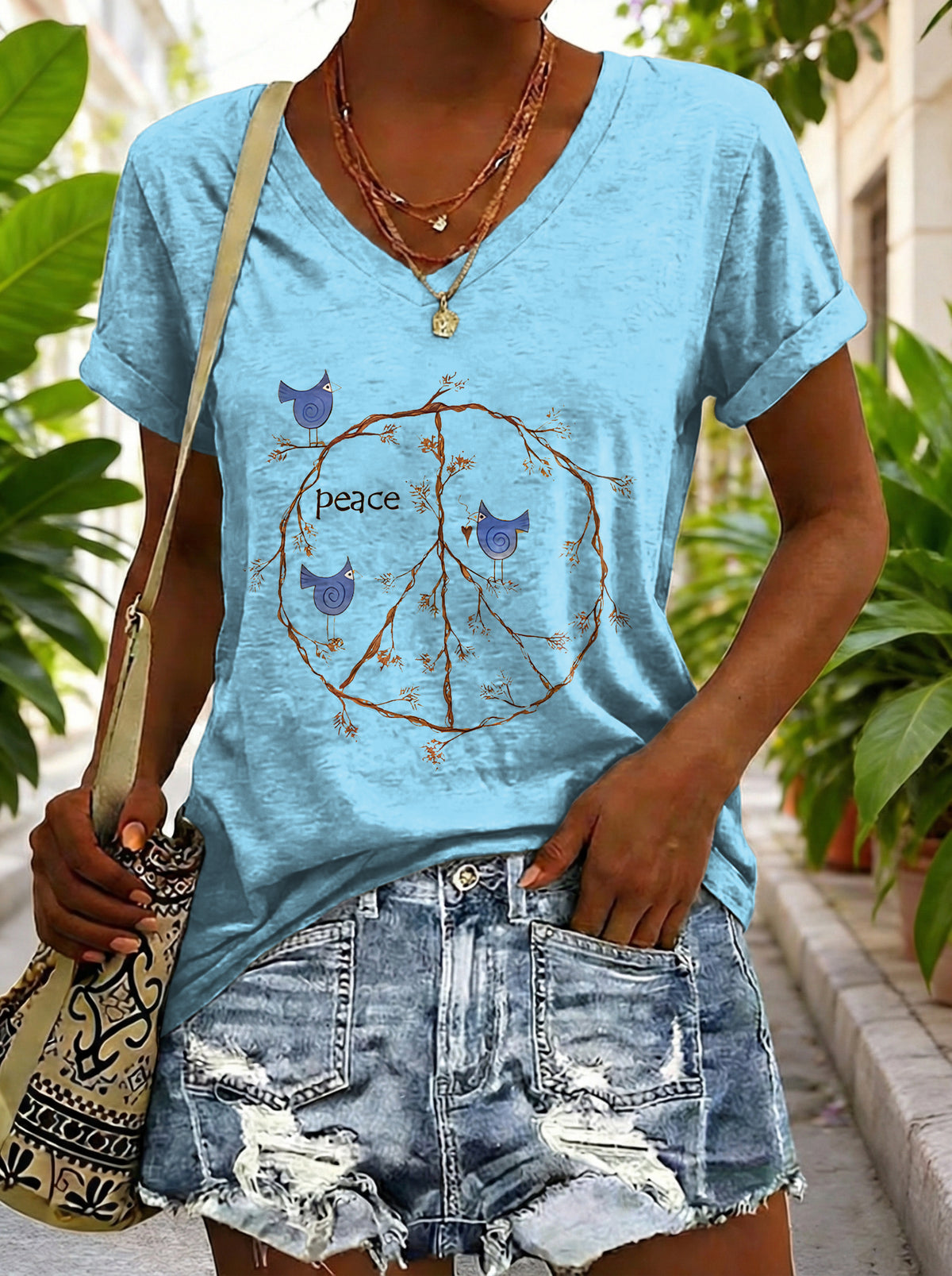 Women's Vintage Yellow Peace Sign Bird Hippie Art Print Casual V-neck Cotton T-shirt