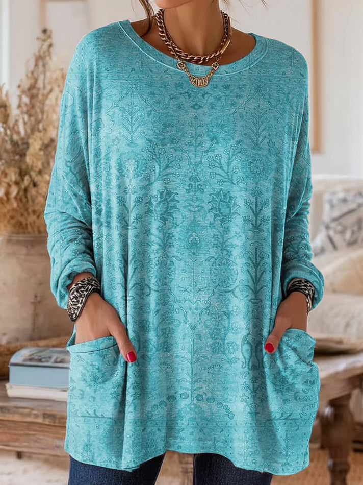 Women's Retro Ethnic Art Print Casual Long-Sleeve Round Neck Cotton T-Shirt