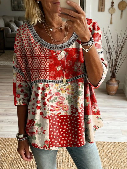 Women's Vintage Patchwork Floral Art Print Casual Round Neck Cutout Top