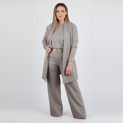 New Arrival✨3-Piece Set with Short Sleeve Top, Wide-Leg Pants & Long Cardigan – Effortless Layered Style