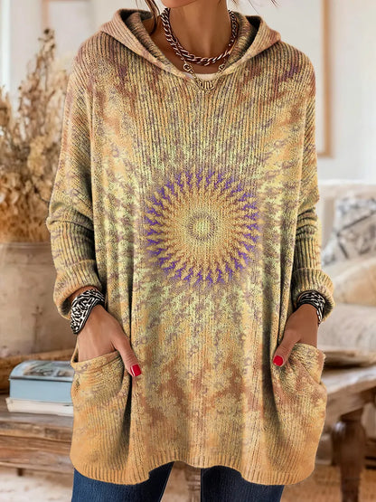 Women's Tie-Dye Mandala Pattern Art Print Casual Knit Hoodie with Pockets