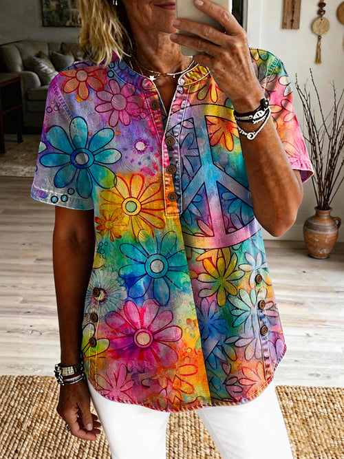 Women's Colorful Peace Floral Art Print Casual Short-sleeve Shirt