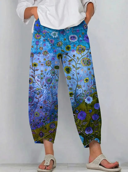 Women's Vintage Floral Art Print Jeans-1