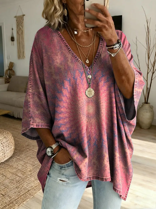 Ethnicity Kaleidoscope Women's Art Print Casual Washed Cotton Denim Top
