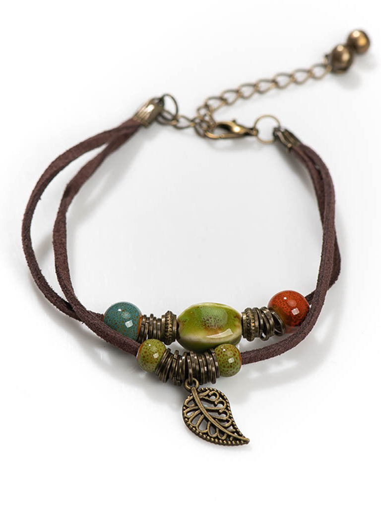 Simple Cowhide Rope Ceramic Kiln-changed Bead Bracelet Bohemian Couple Jewelry
