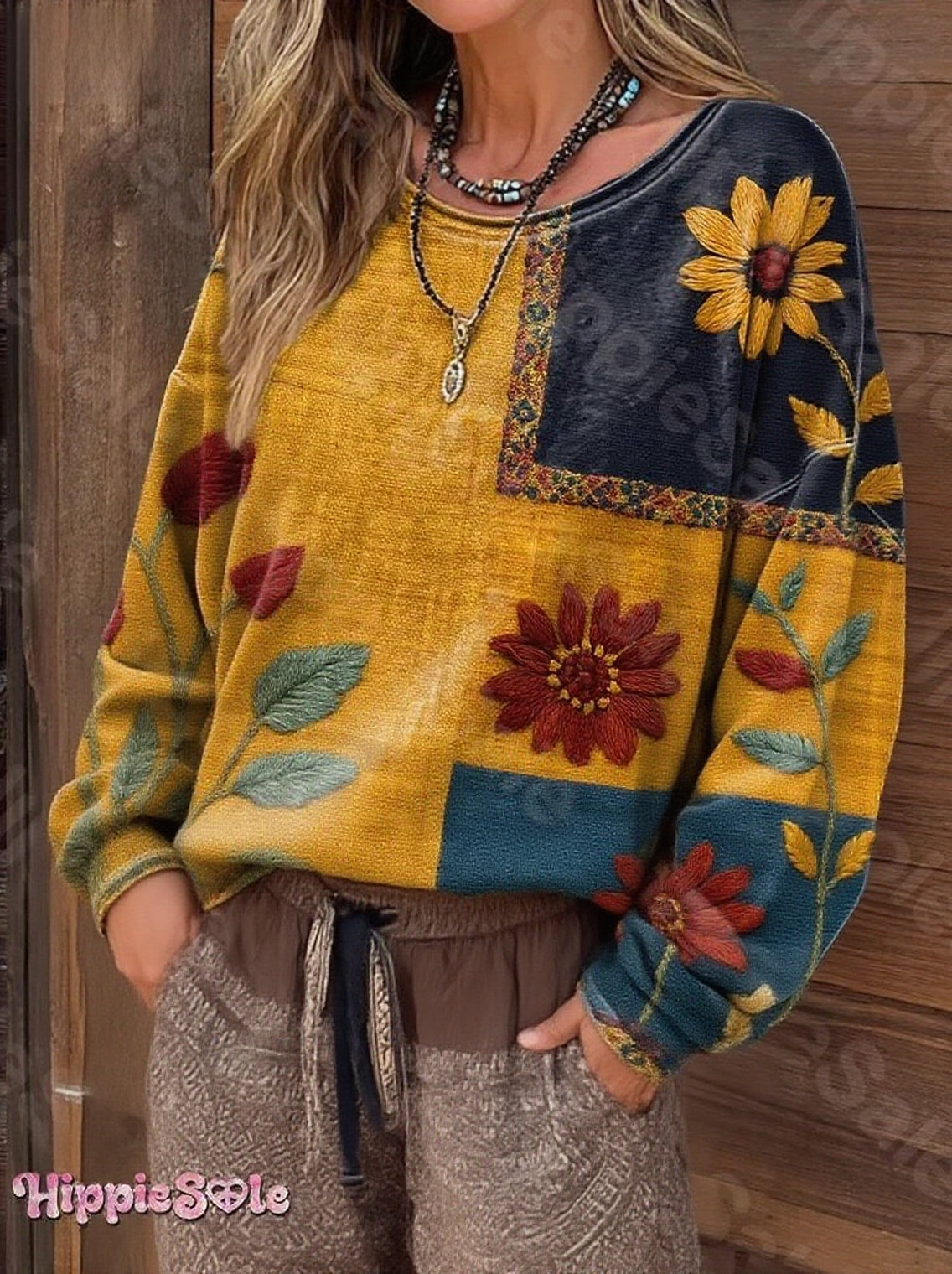 Women's Bohemian Floral Pattern Patchwork Art Print Casual Long Sleeve T-shirt