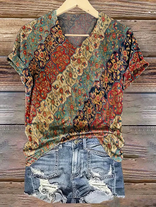 Women's Retro Ethnic Collage Art Pattern Print V-neck Casual T-Shirt