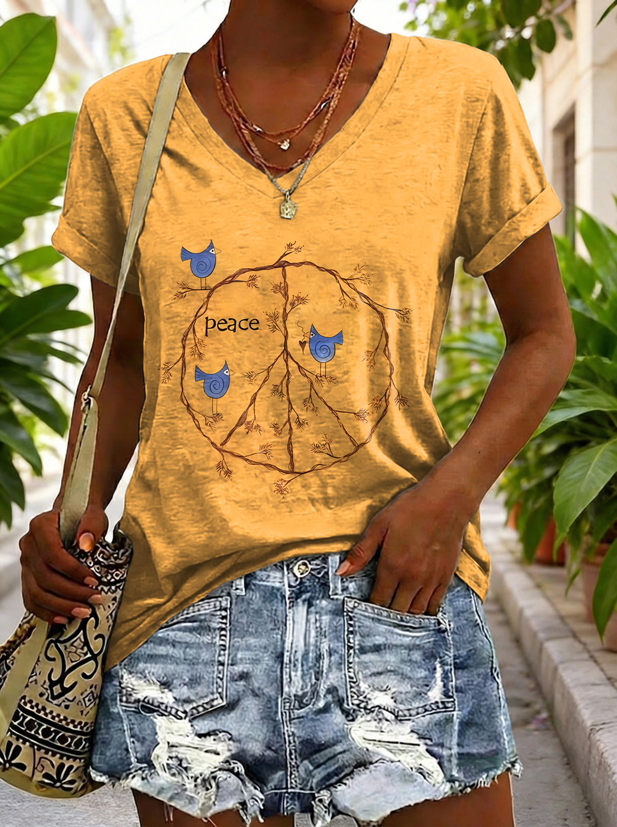 Women's Vintage Yellow Peace Sign Bird Hippie Art Print Casual V-neck Cotton T-shirt