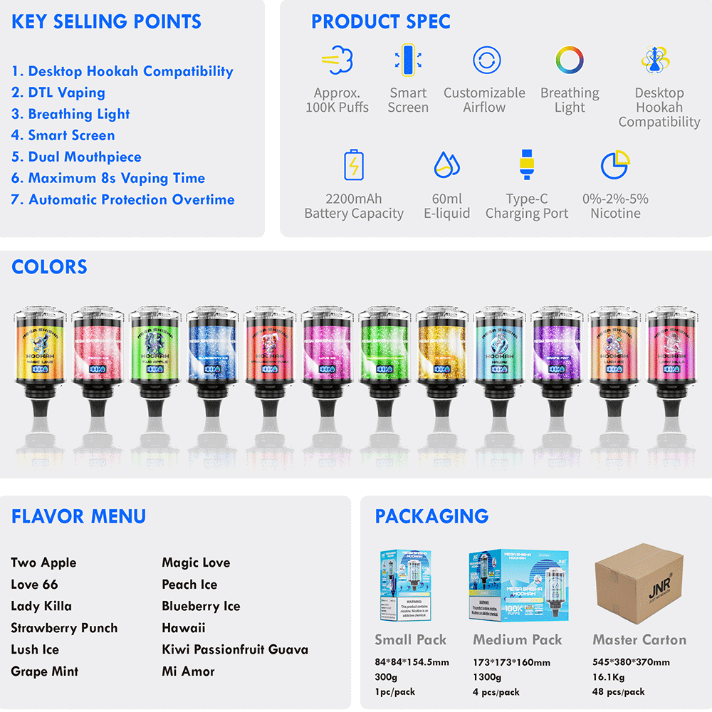 JNR Mega Shisha Hookah 100000 100K Puffs Large Capacity LED Display Disposable Vape